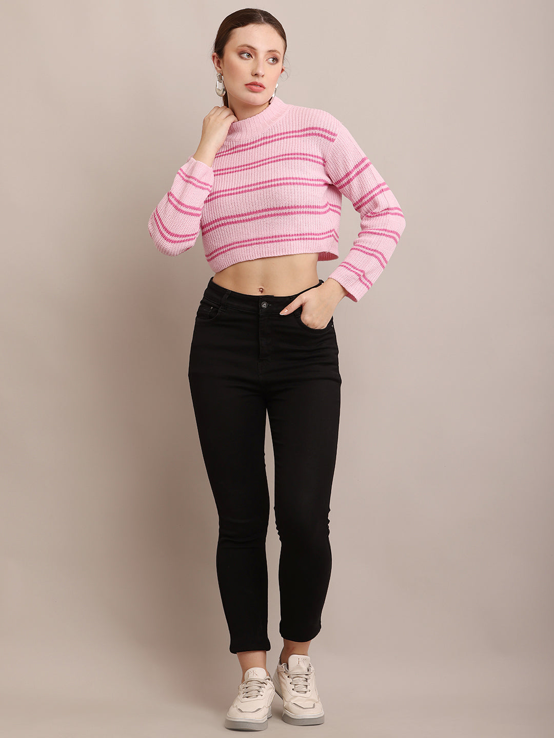 Acrylic Crew Neck With Full Sleeve Striped Pink Crop Sweater