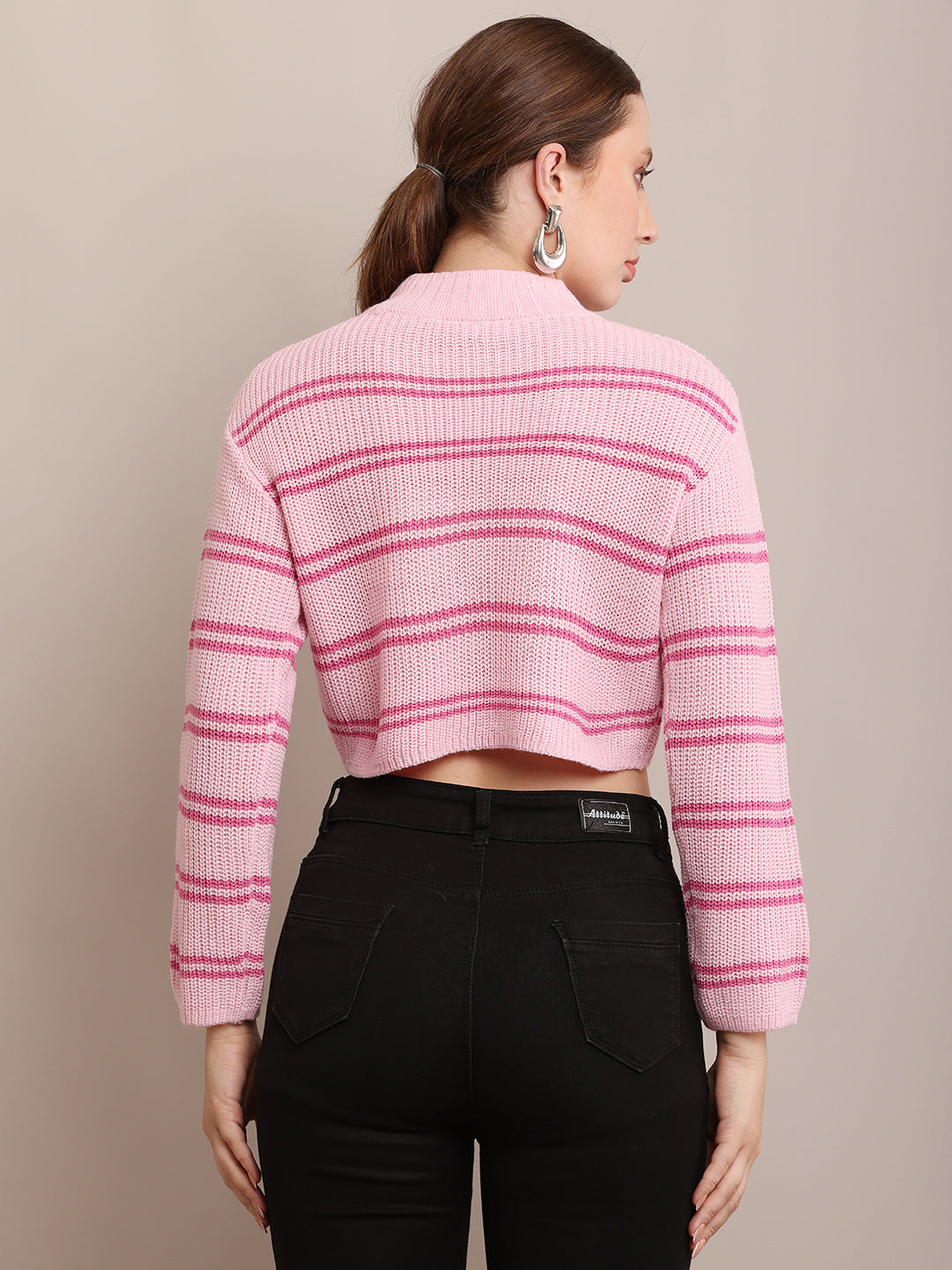 Acrylic Crew Neck With Full Sleeve Striped Pink Crop Sweater