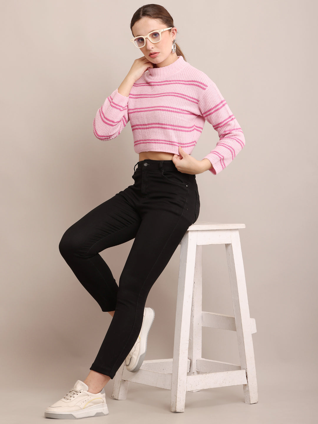 Acrylic Crew Neck With Full Sleeve Striped Pink Crop Sweater
