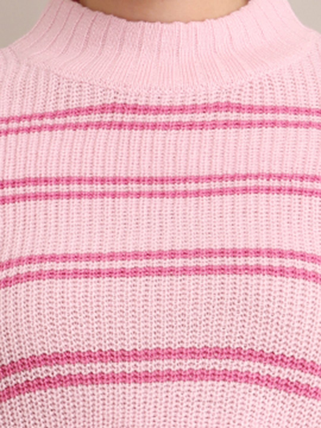 Acrylic Crew Neck With Full Sleeve Striped Pink Crop Sweater