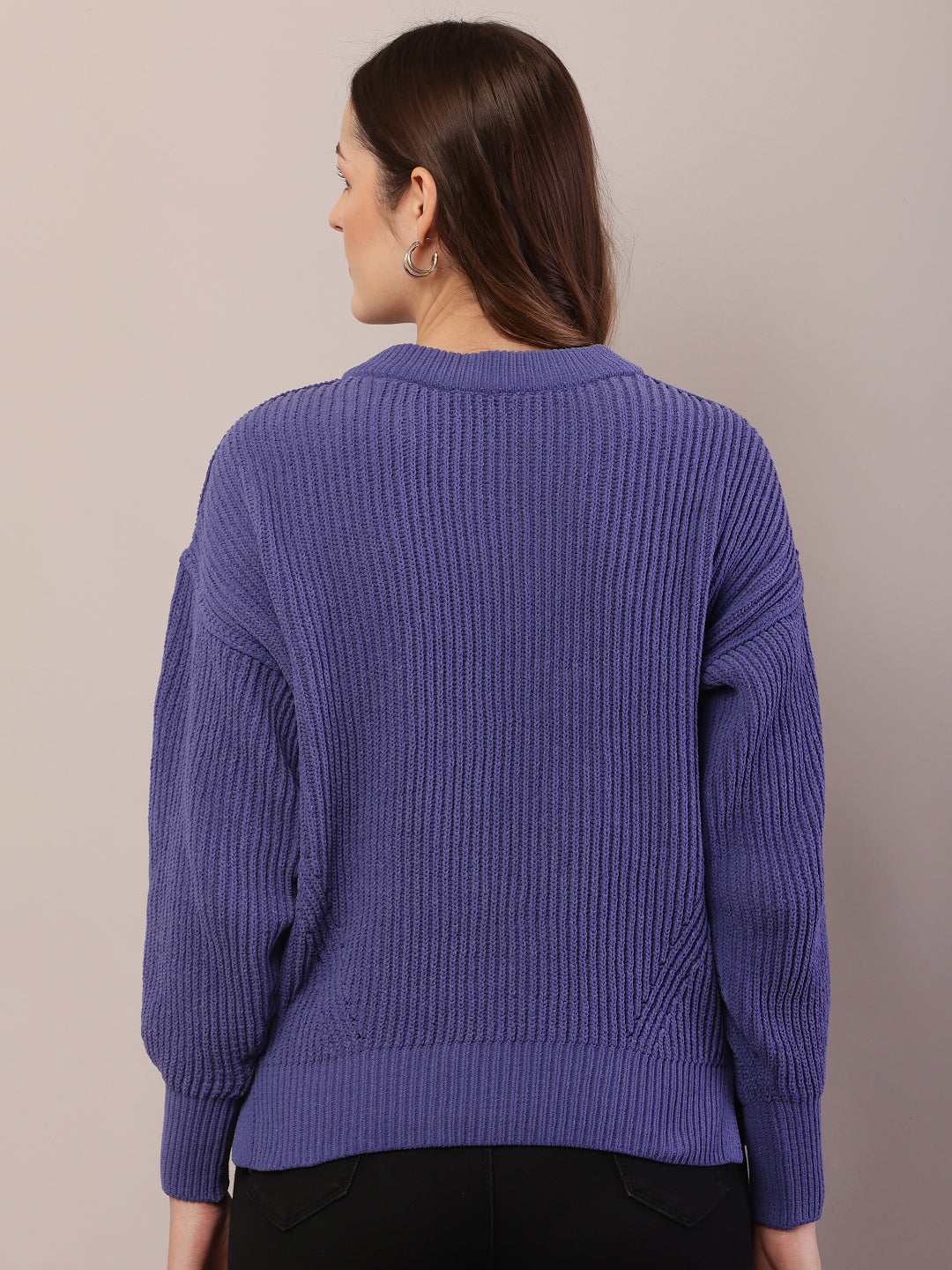 Acrylic Full Sleeve with V-Neck Knitted Blue Sweater