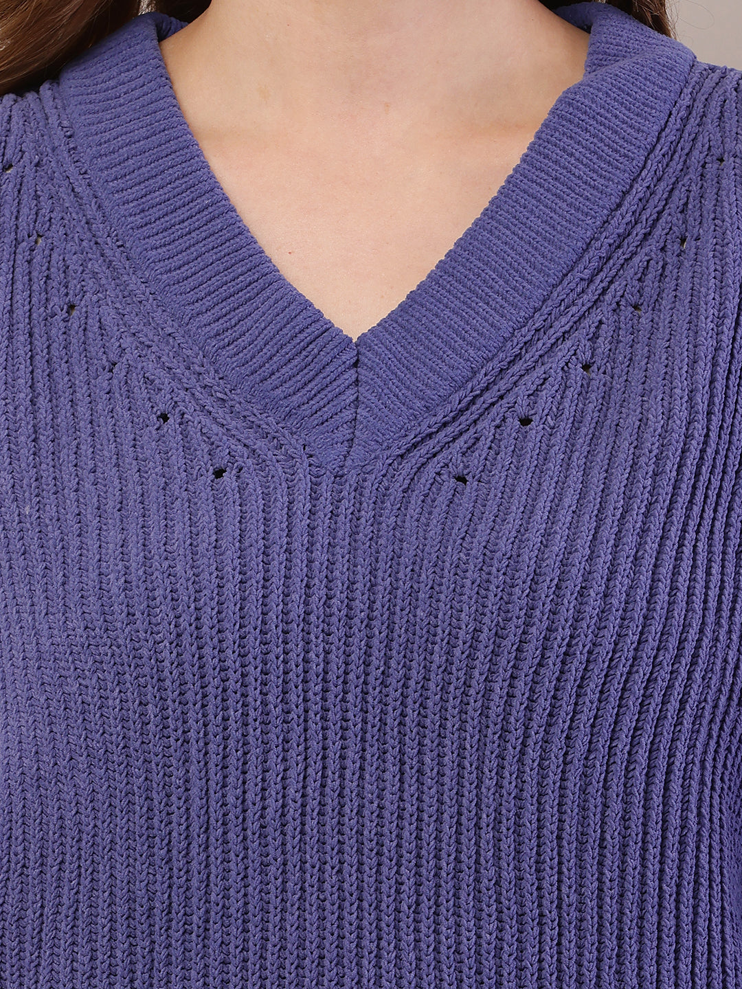 Acrylic Full Sleeve with V-Neck Knitted Blue Sweater