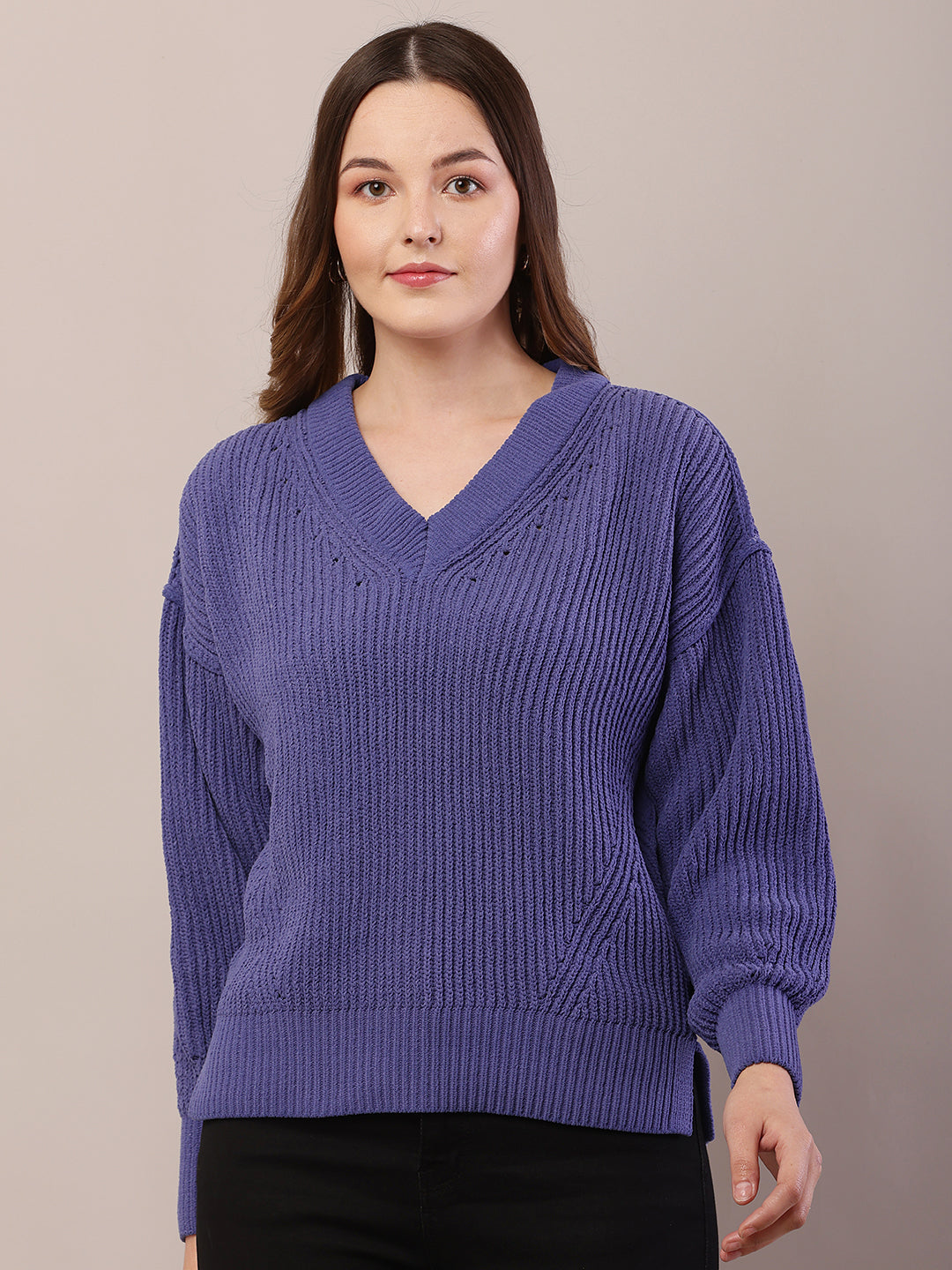 Acrylic Full Sleeve with V-Neck Knitted Blue Sweater