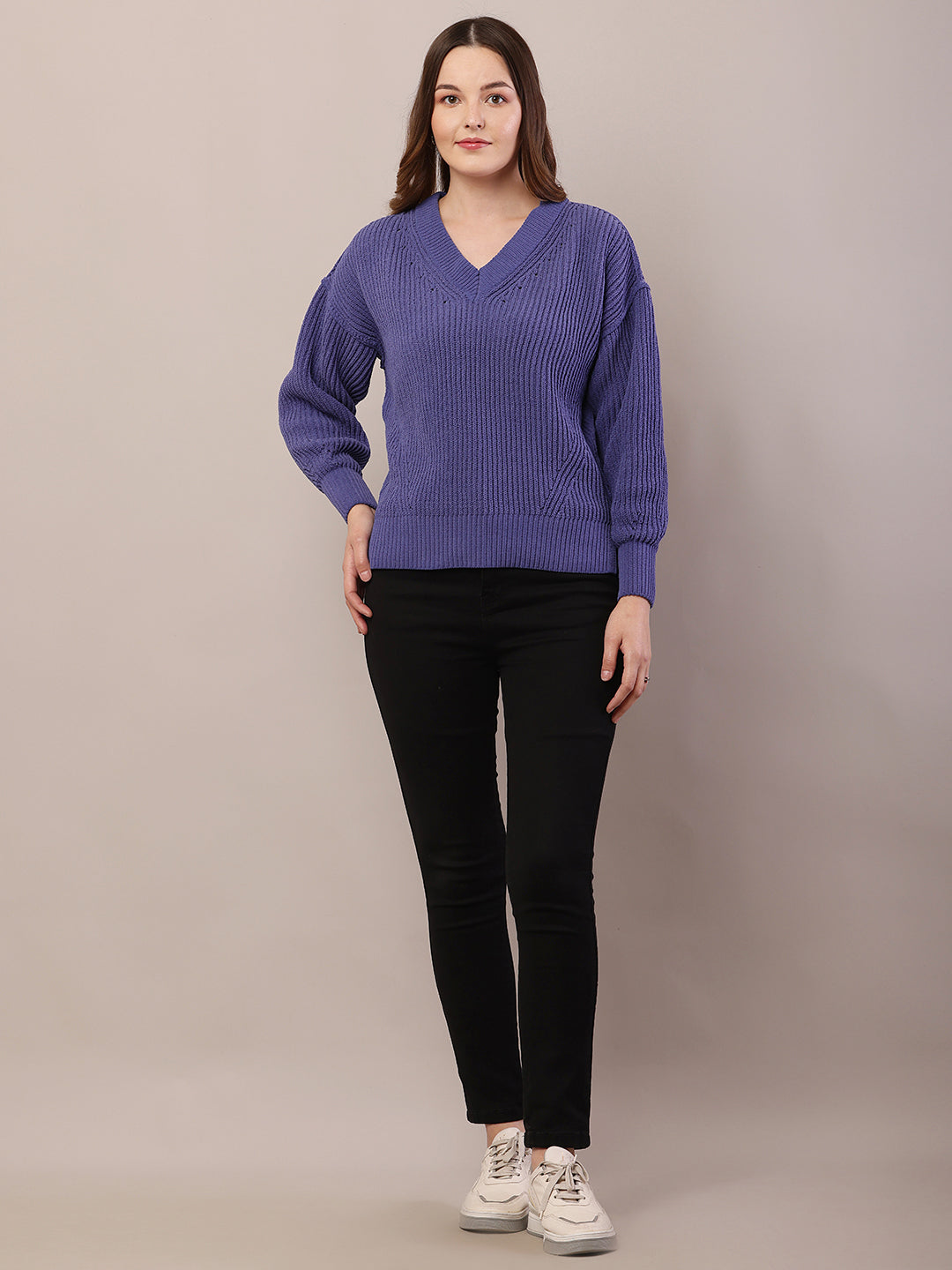 Acrylic Full Sleeve with V-Neck Knitted Blue Sweater
