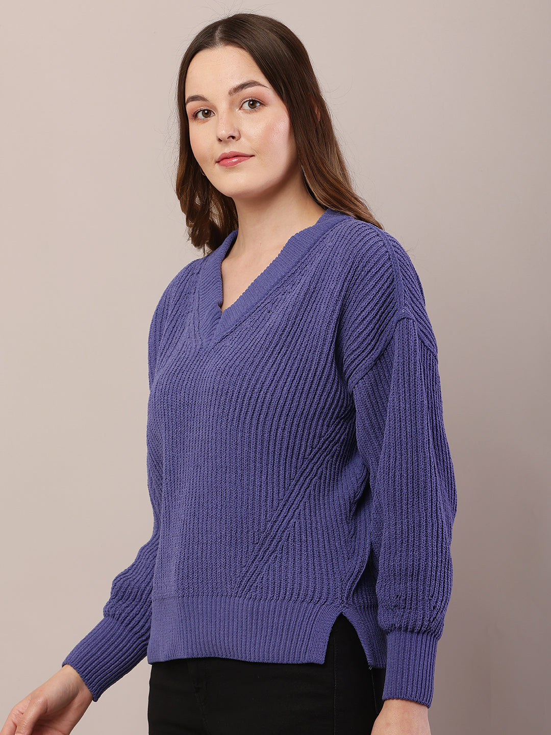 Acrylic Full Sleeve with V-Neck Knitted Blue Sweater