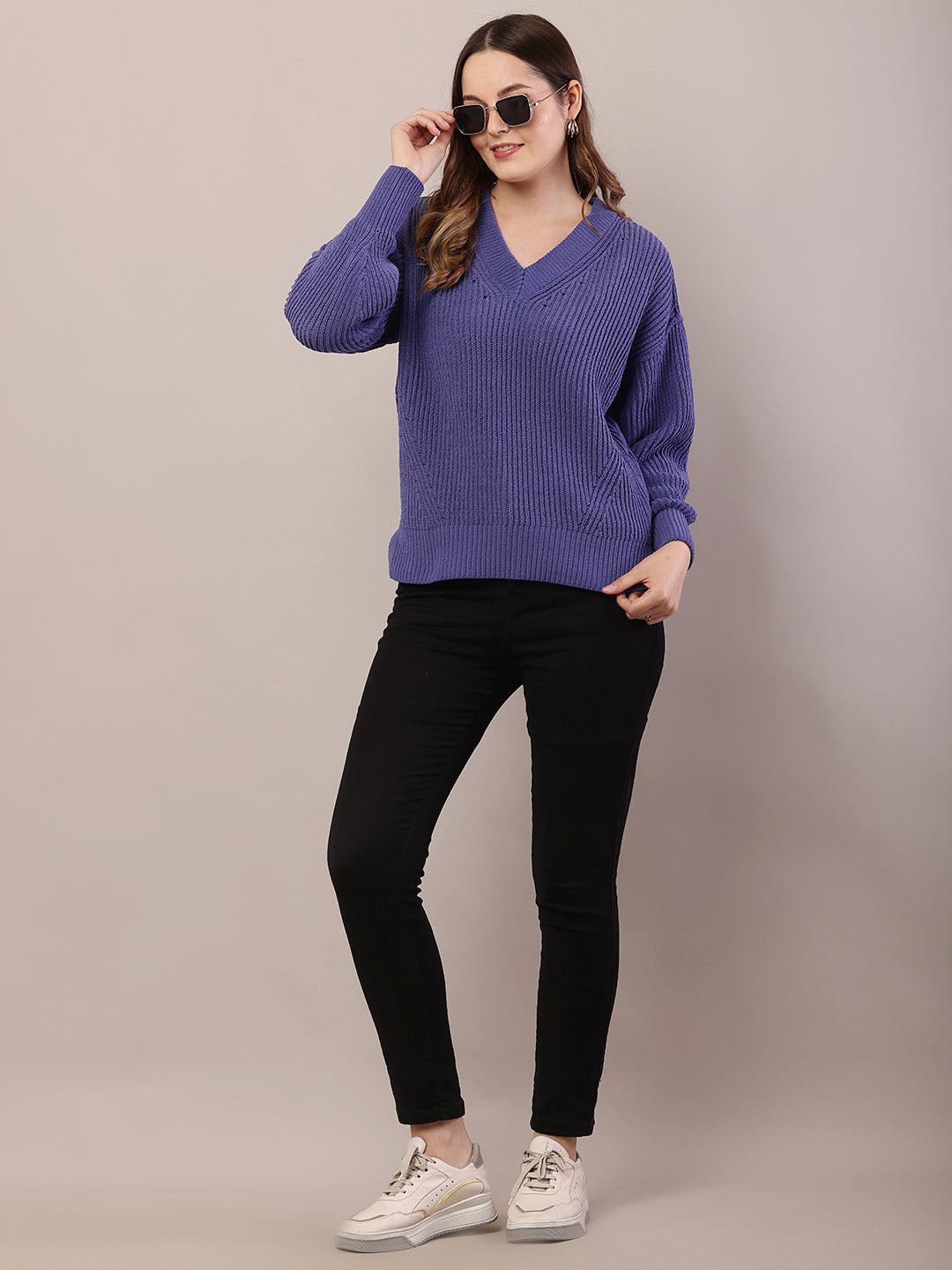 Acrylic Full Sleeve with V-Neck Knitted Blue Sweater