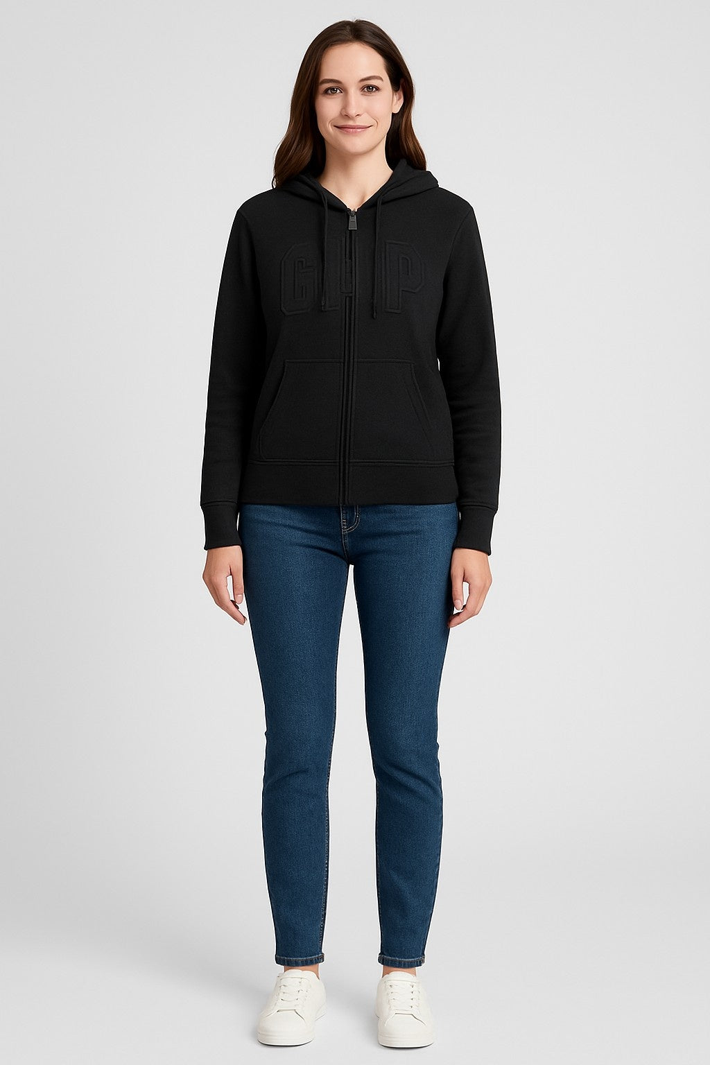 Black Cotton-Blend Hoodie with front zip closure