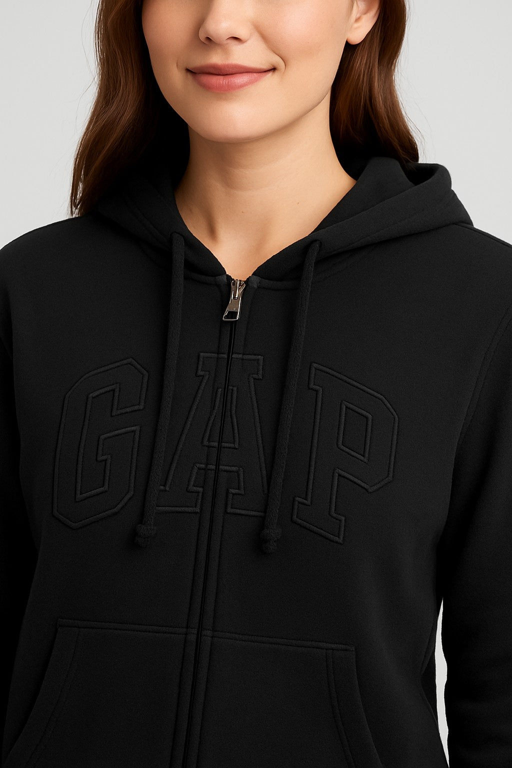 Black Cotton-Blend Hoodie with front zip closure