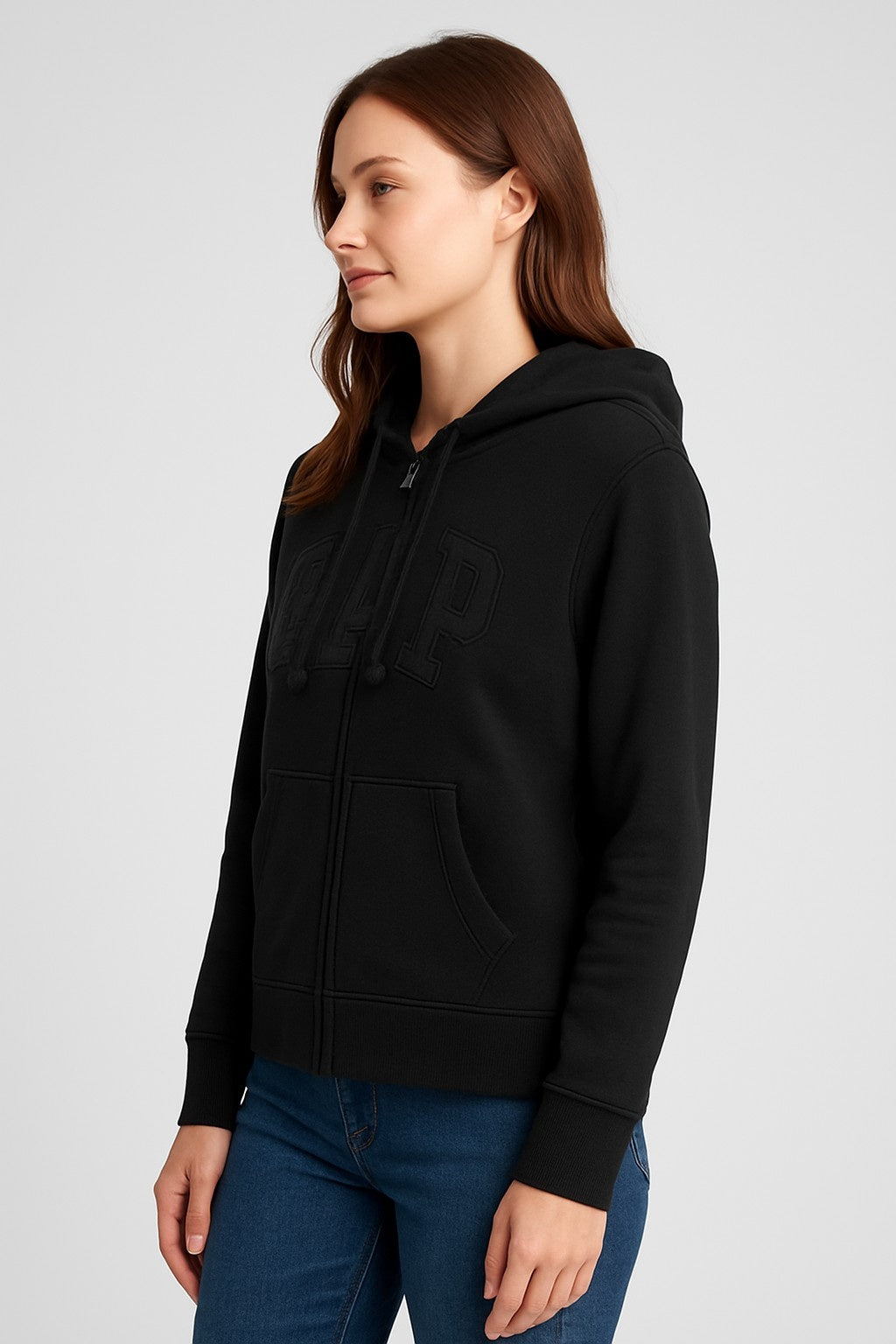 Black Cotton-Blend Hoodie with front zip closure