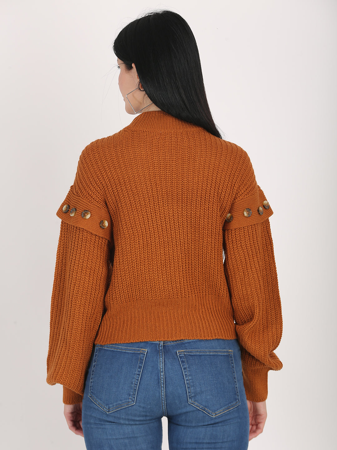 Acrylic Turtle Neck Cable Knit Loose Style Pattern Mustard Sweater