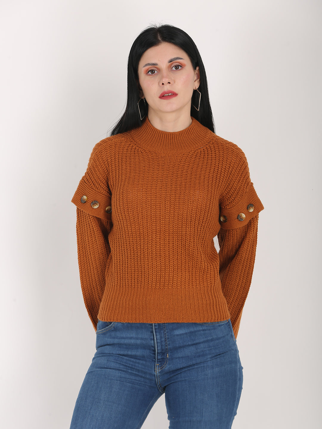 Acrylic Turtle Neck Cable Knit Loose Style Pattern Mustard Sweater