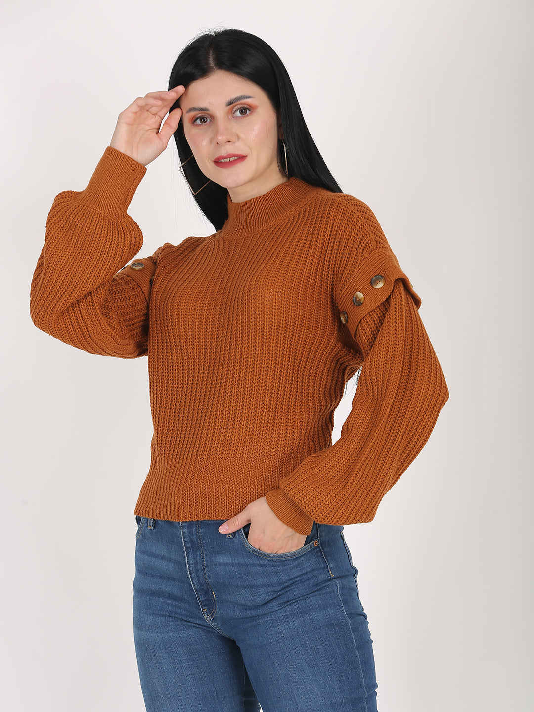 Acrylic Turtle Neck Cable Knit Loose Style Pattern Mustard Sweater