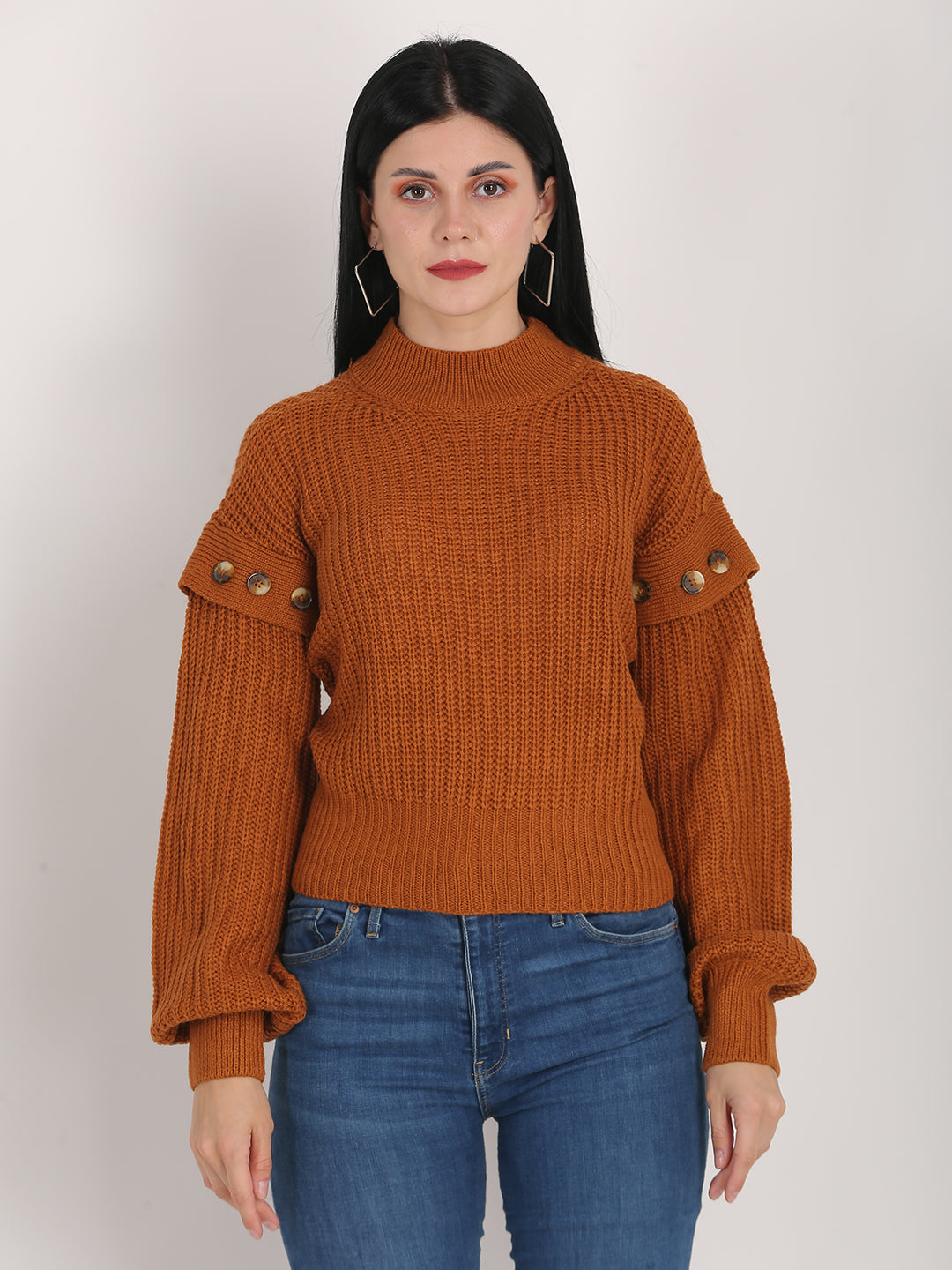 Acrylic Turtle Neck Cable Knit Loose Style Pattern Mustard Sweater