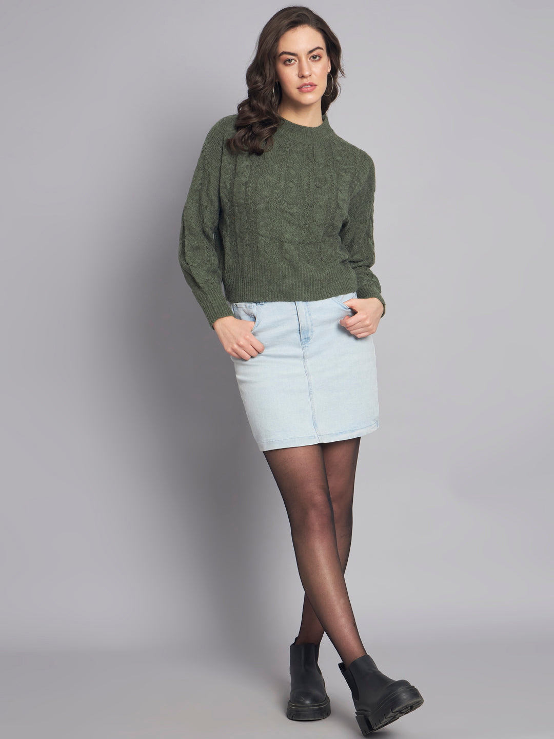Acrylic Round Neck Full Sleeve Crop Green Sweater