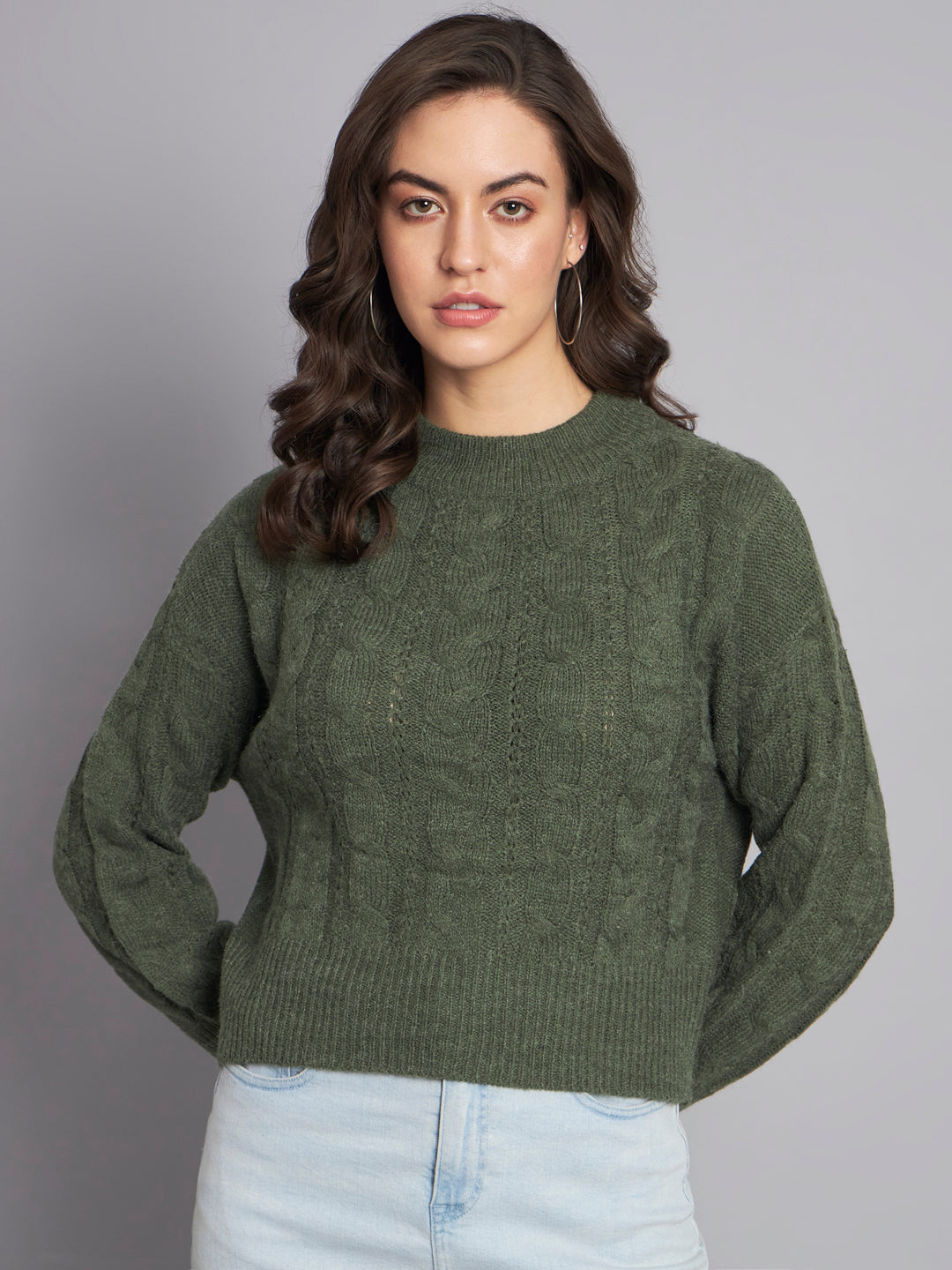 Acrylic Round Neck Full Sleeve Crop Green Sweater