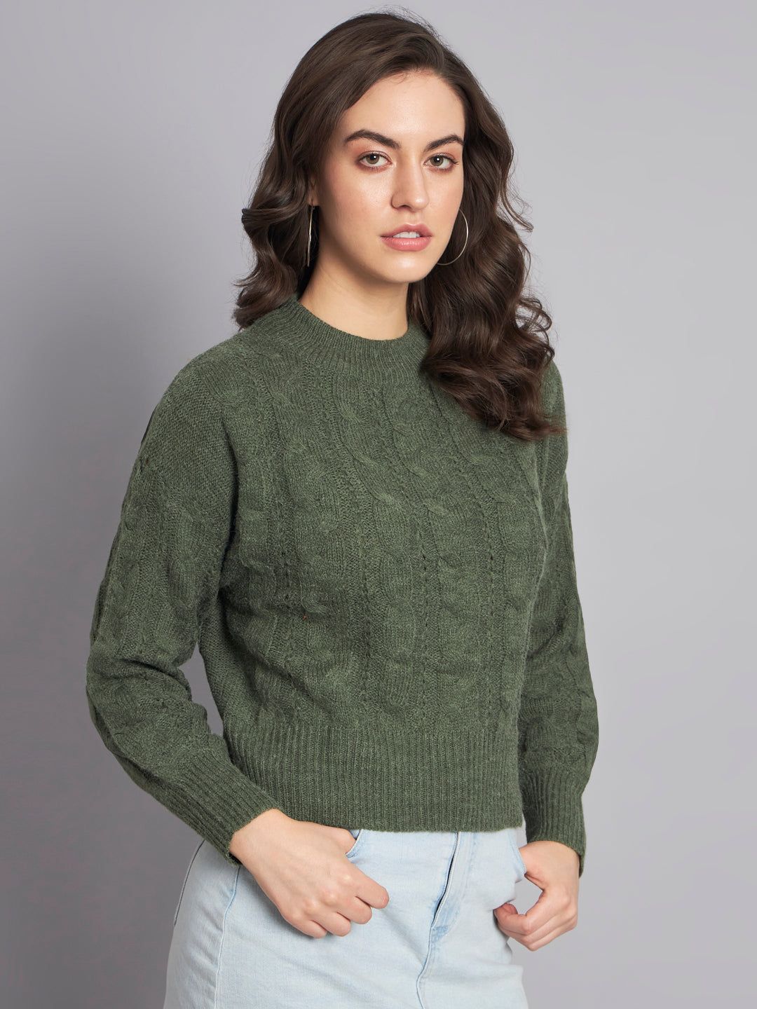 Acrylic Round Neck Full Sleeve Crop Green Sweater