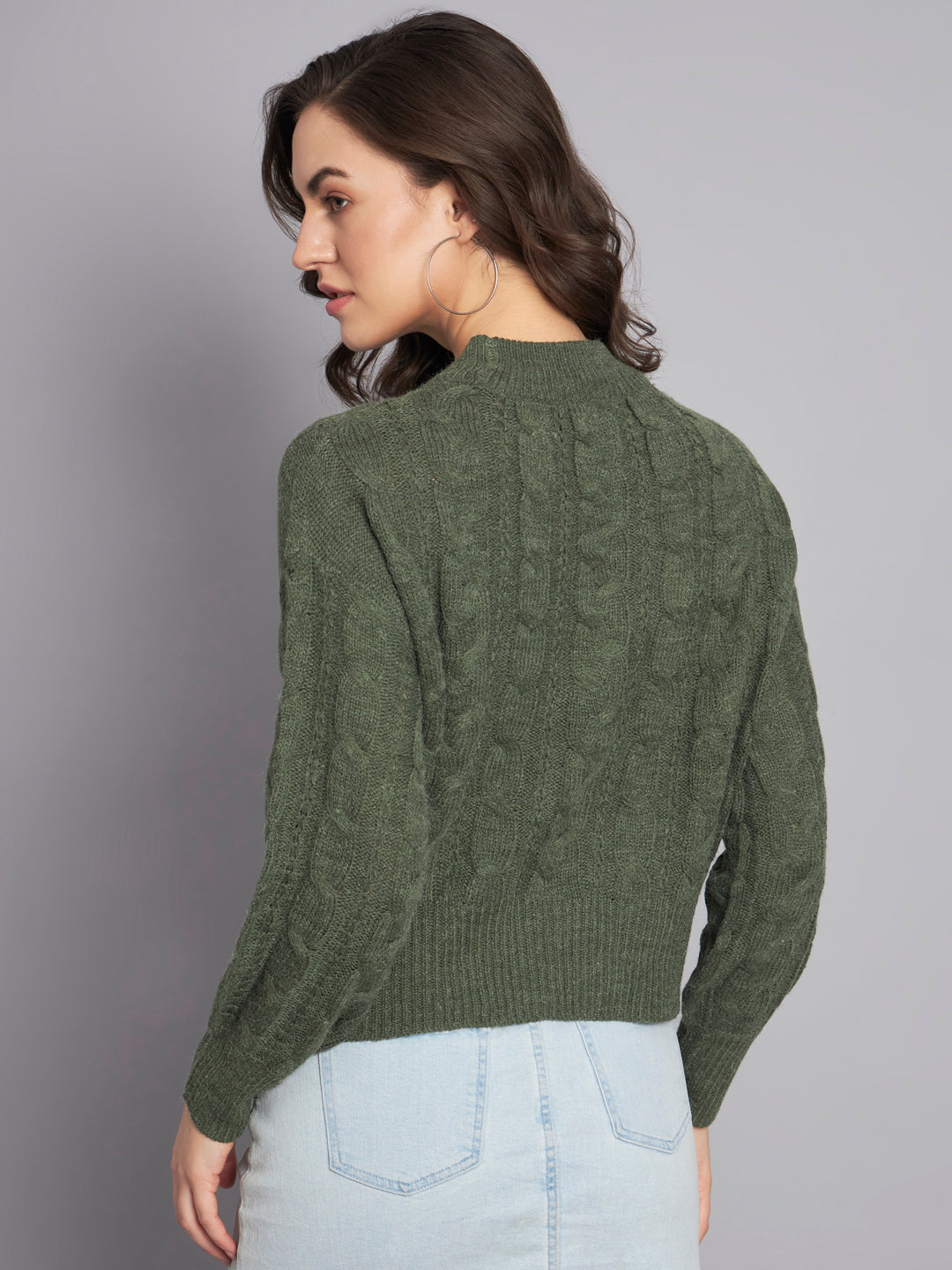 Acrylic Round Neck Full Sleeve Crop Green Sweater