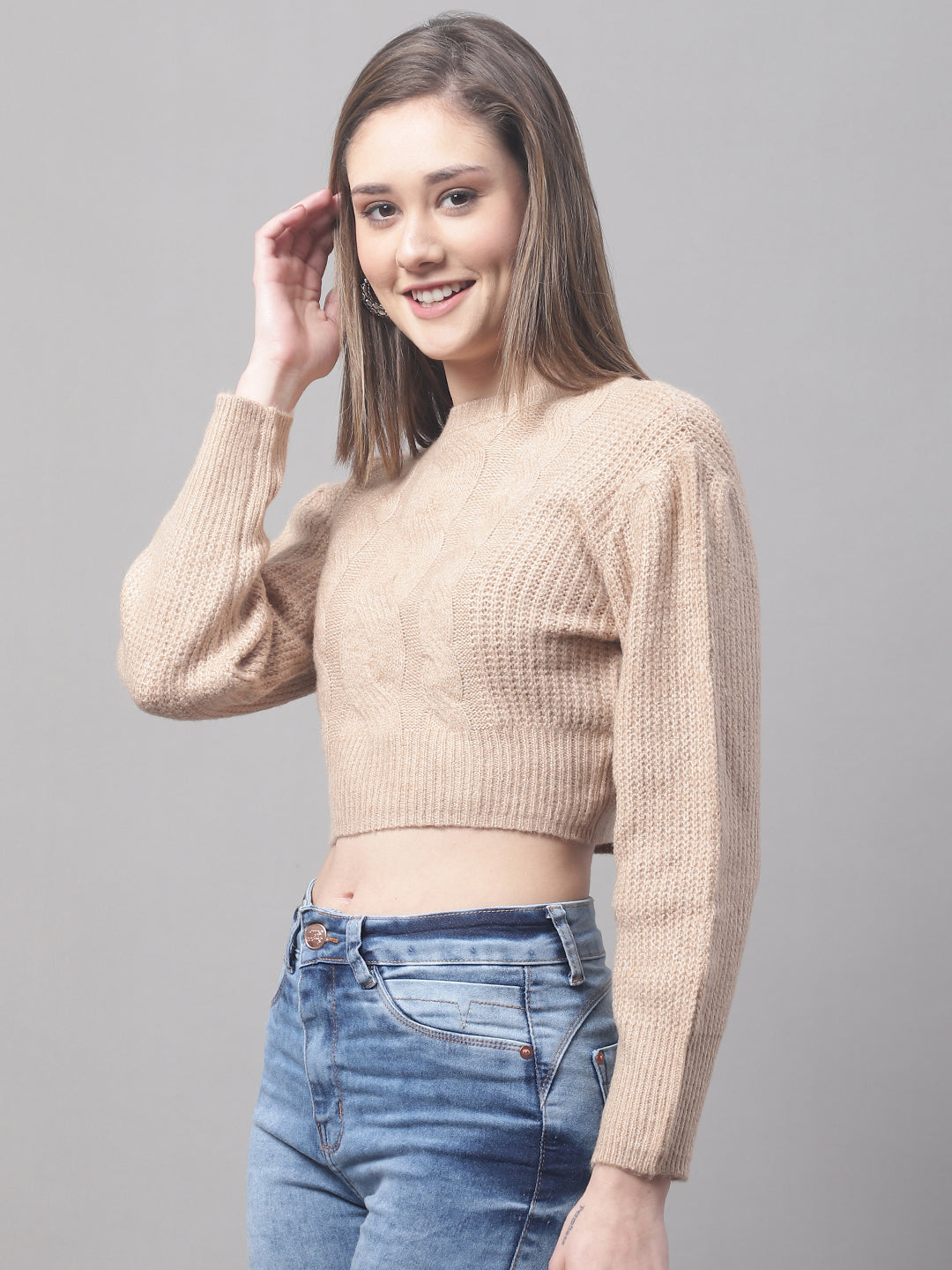 Acrylic Turtle Neck Full Sleeve Crop Brown Sweater