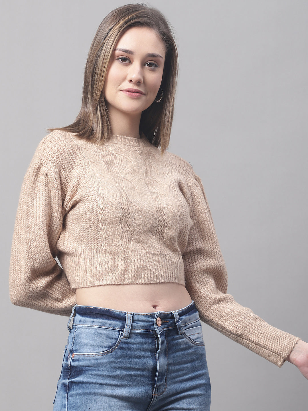 Acrylic Turtle Neck Full Sleeve Crop Brown Sweater