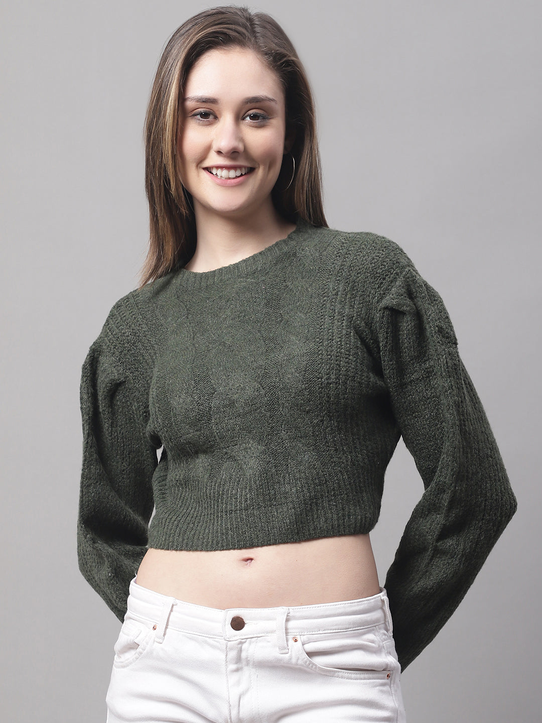 Acrylic Turtle Neck Full Sleeve Crop Green Sweater