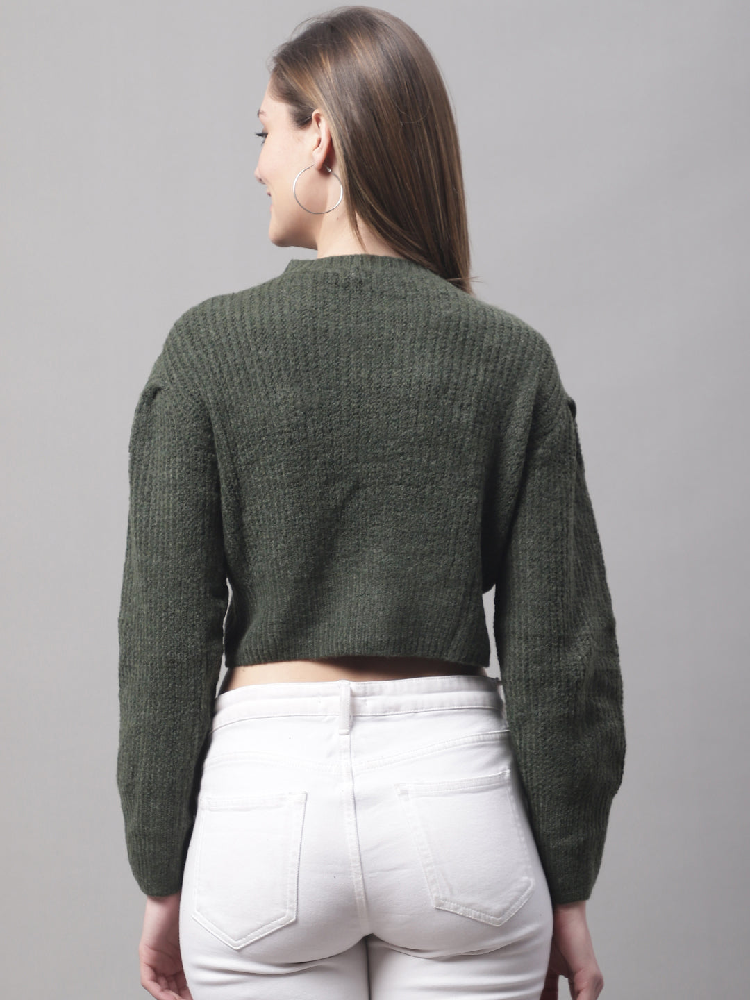 Acrylic Turtle Neck Full Sleeve Crop Green Sweater