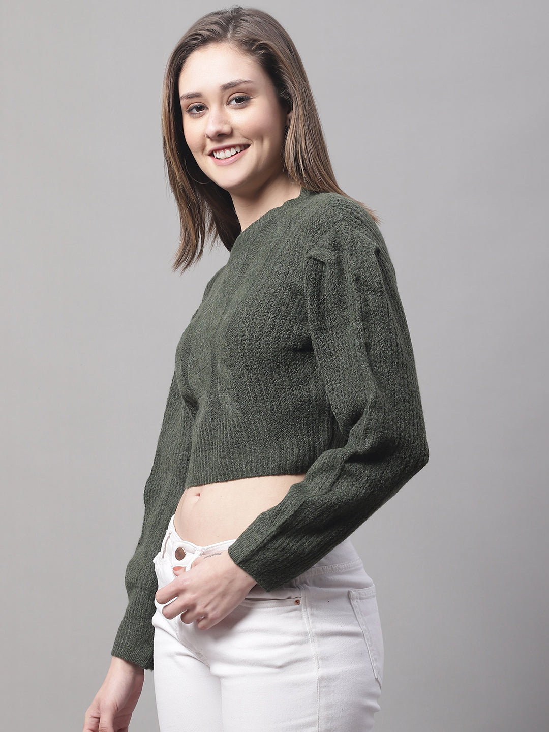 Acrylic Turtle Neck Full Sleeve Crop Green Sweater