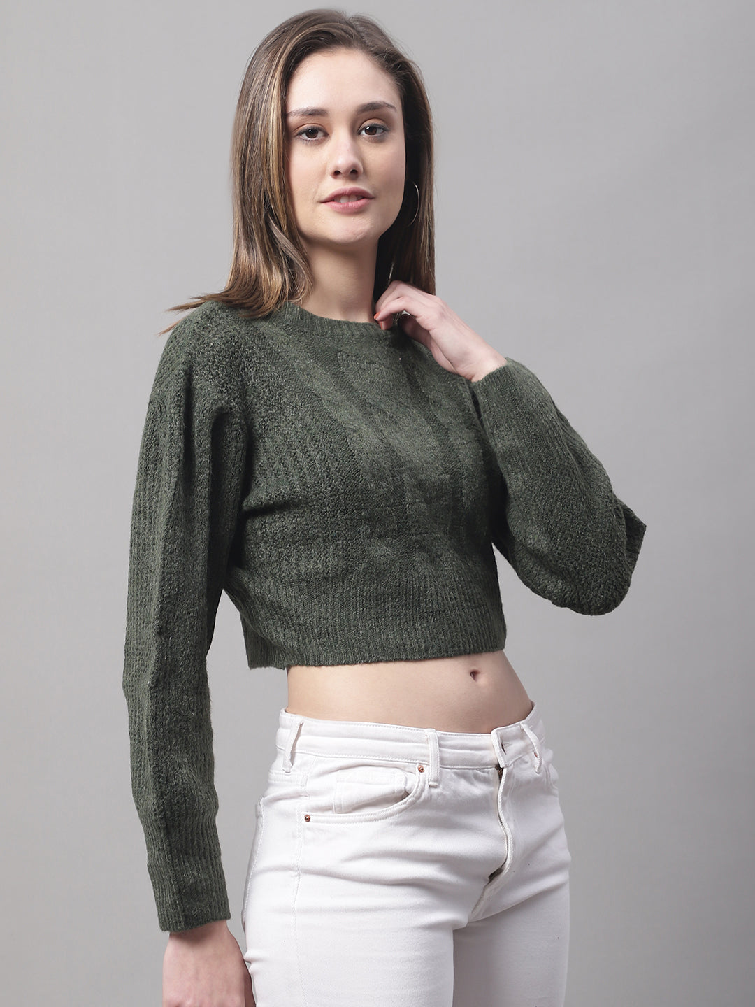Acrylic Turtle Neck Full Sleeve Crop Green Sweater