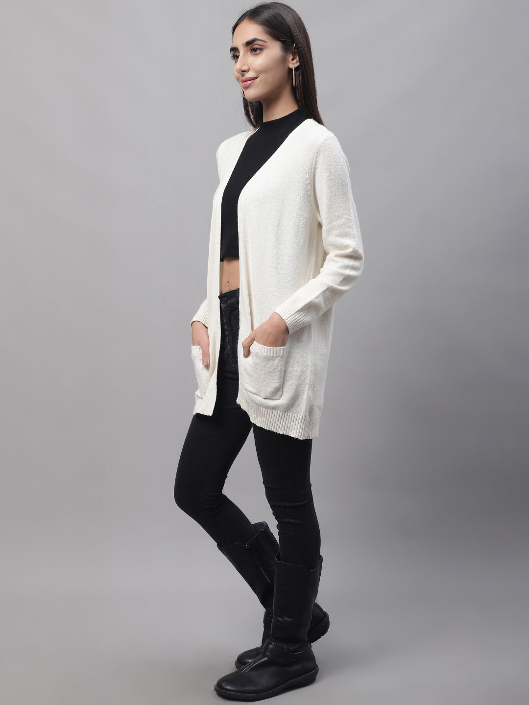 Acrylic Full Sleeve Front Open Cream Shrug
