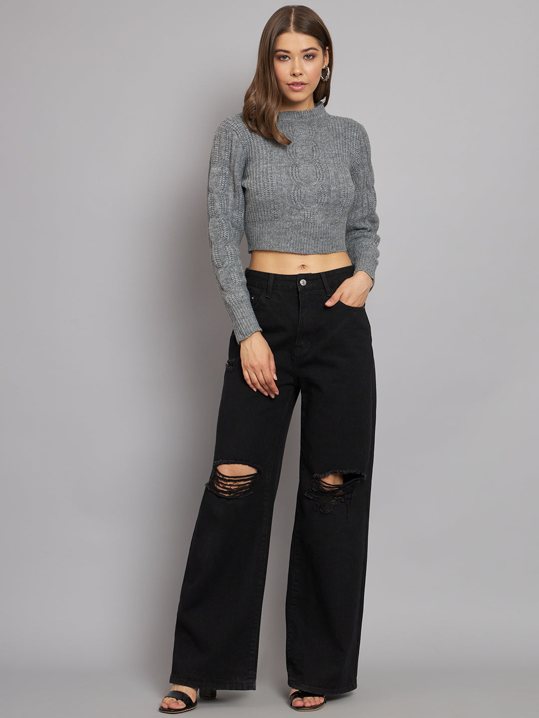 Round Neck Full Sleeve Crop Dark Grey Sweater