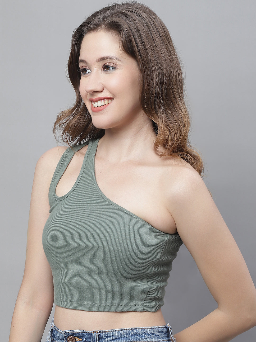 Acrylic One Side Shoulder Green Classic Top