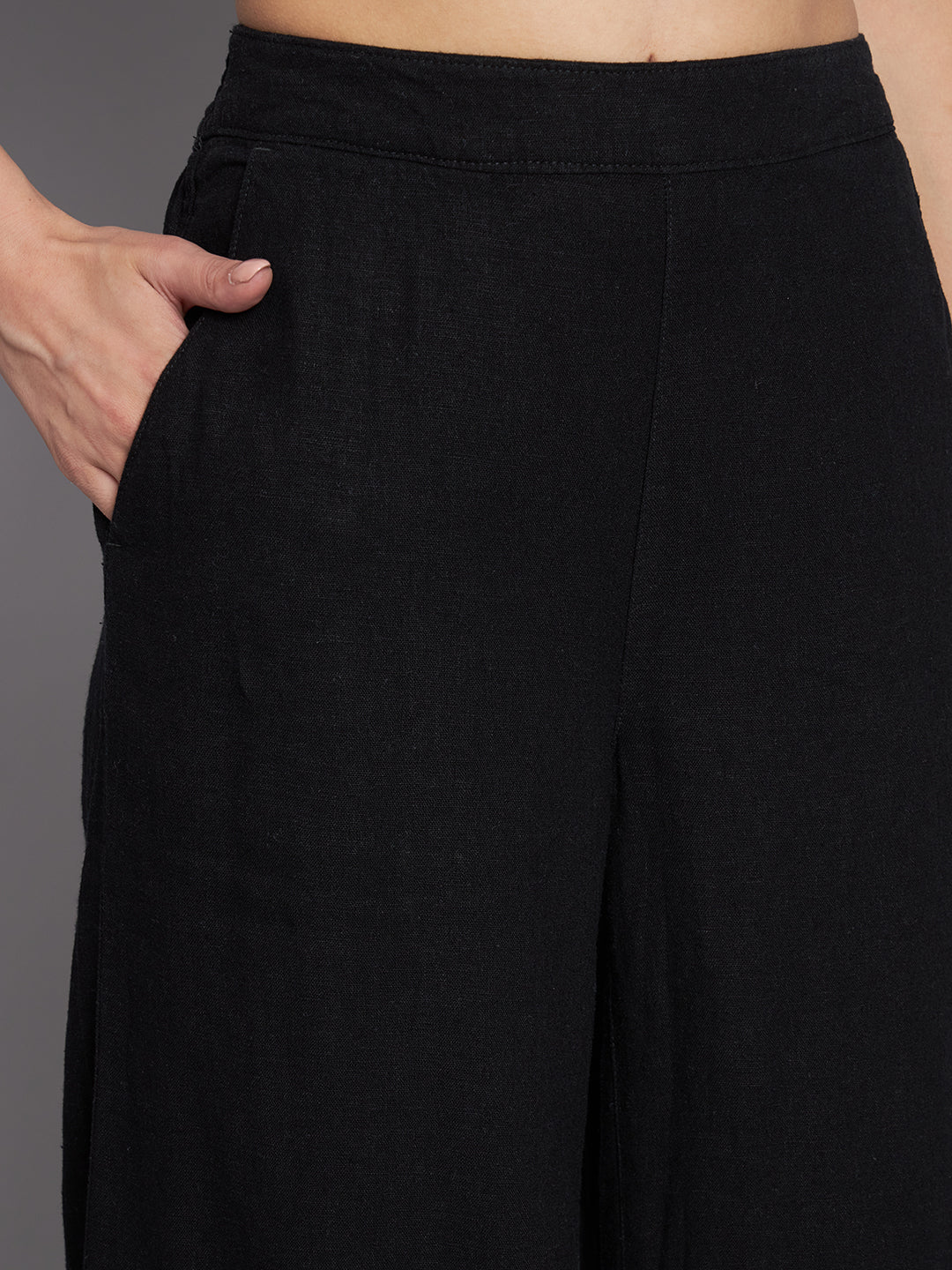 Flared fit Linen Solid Black wide-leg Culottes