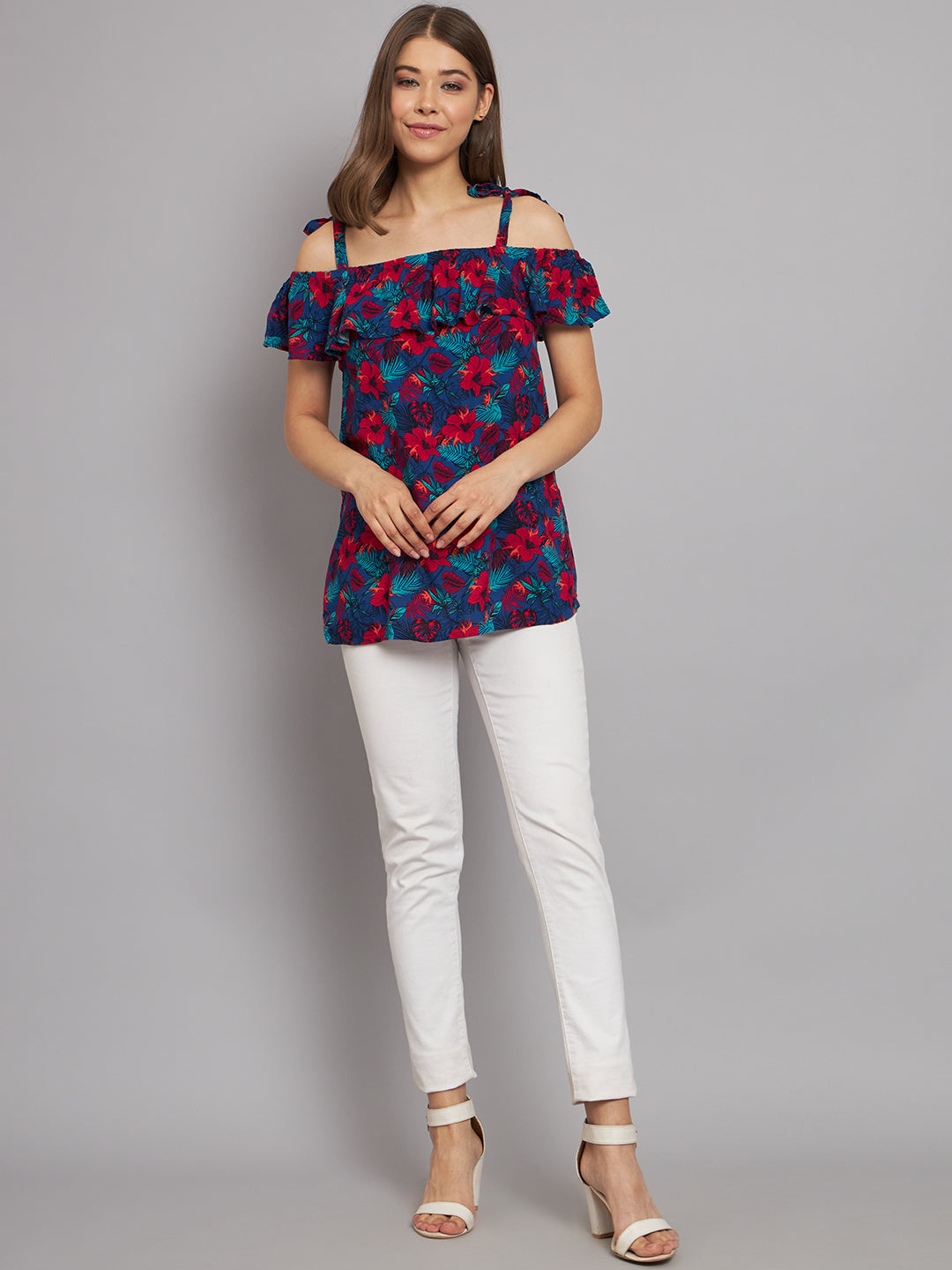 Viscose Open-Shoulder Printed Multicolor Top