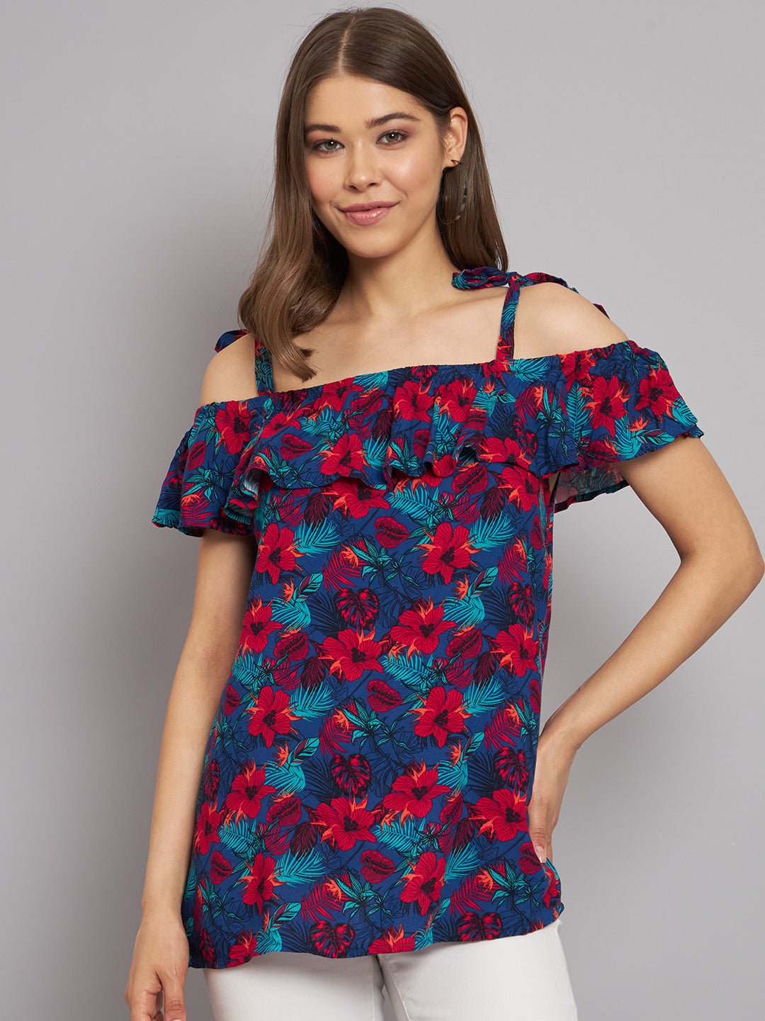 Viscose Open-Shoulder Printed Multicolor Top