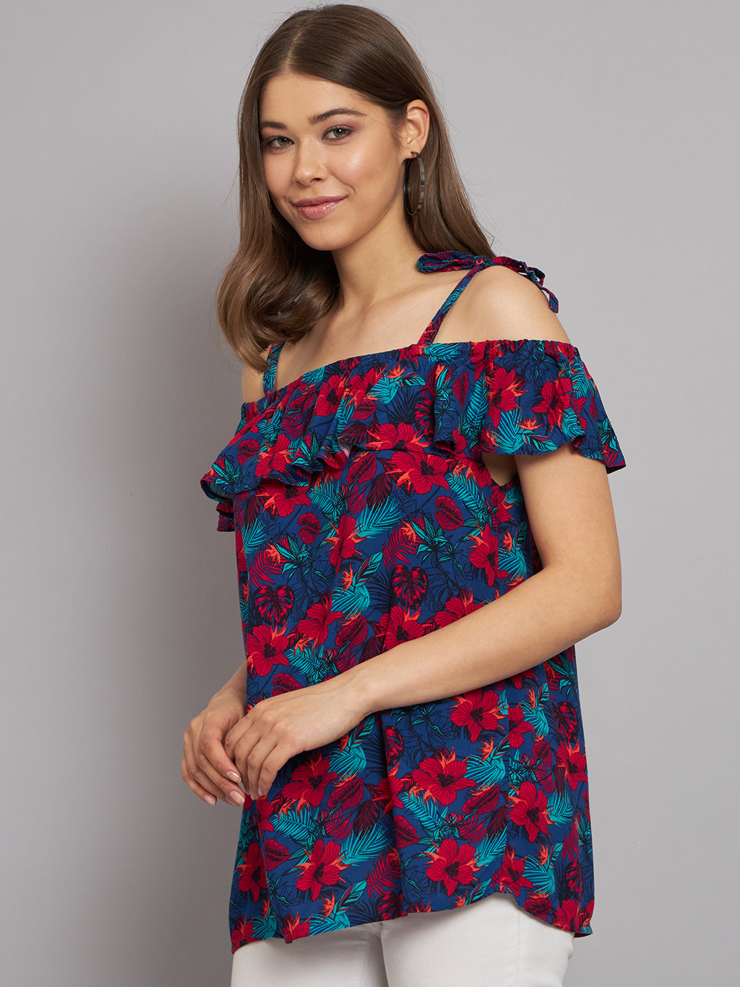 Viscose Open-Shoulder Printed Multicolor Top