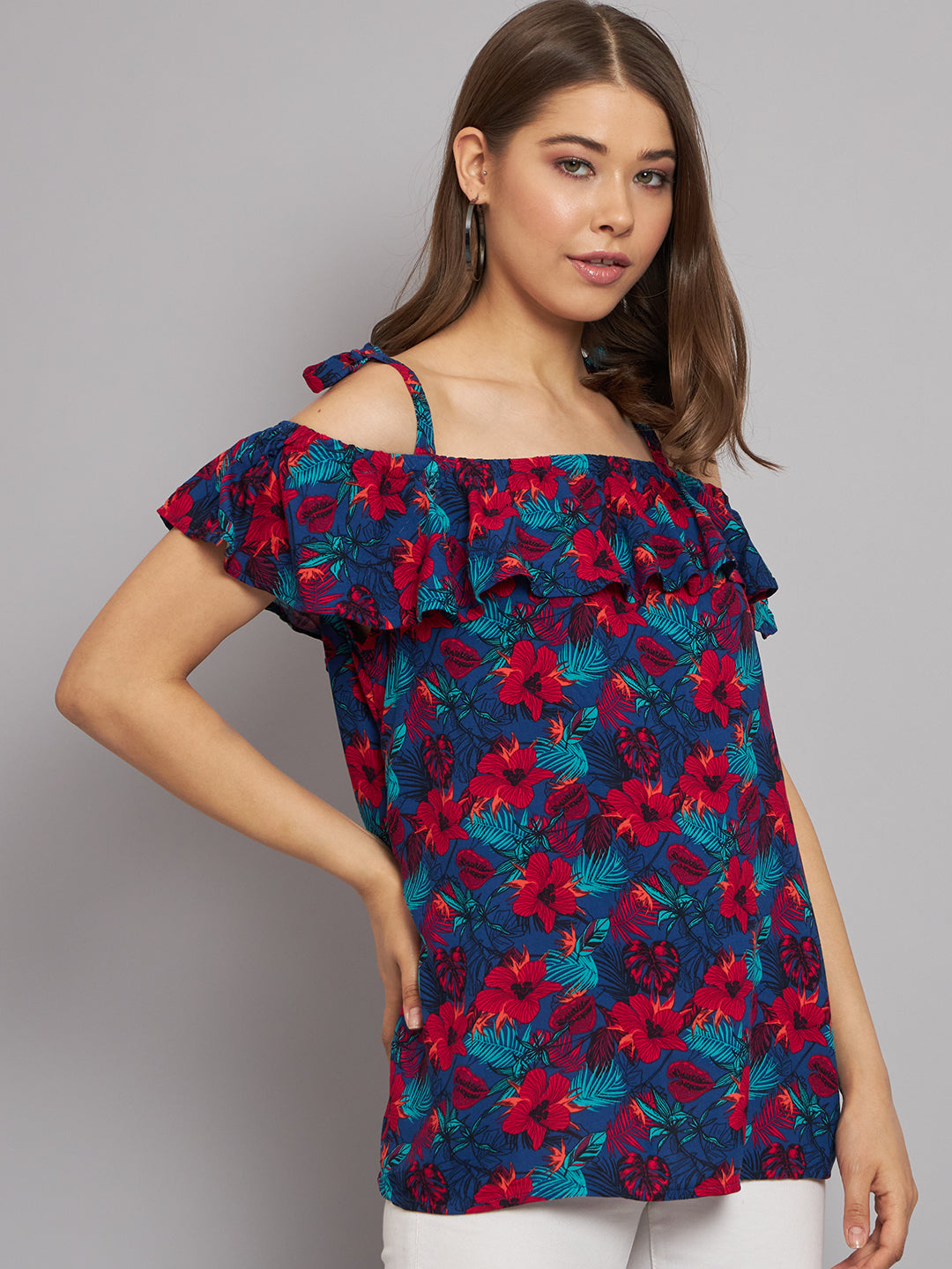 Viscose Open-Shoulder Printed Multicolor Top