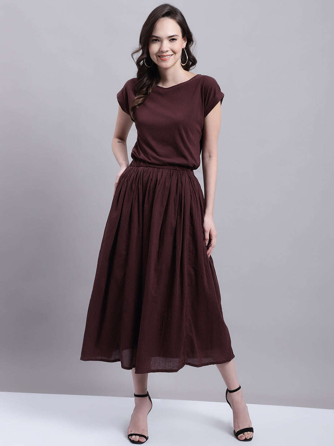 Cotton A-line Short Sleeve Brown Dress – NoBarr