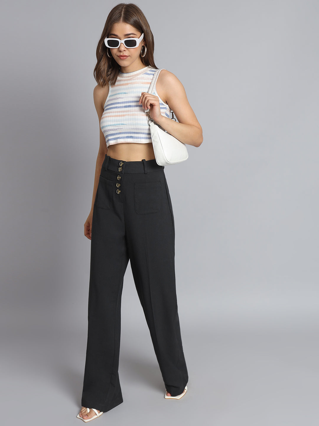 Office wear plus Size Button-Front Wide Leg Pants