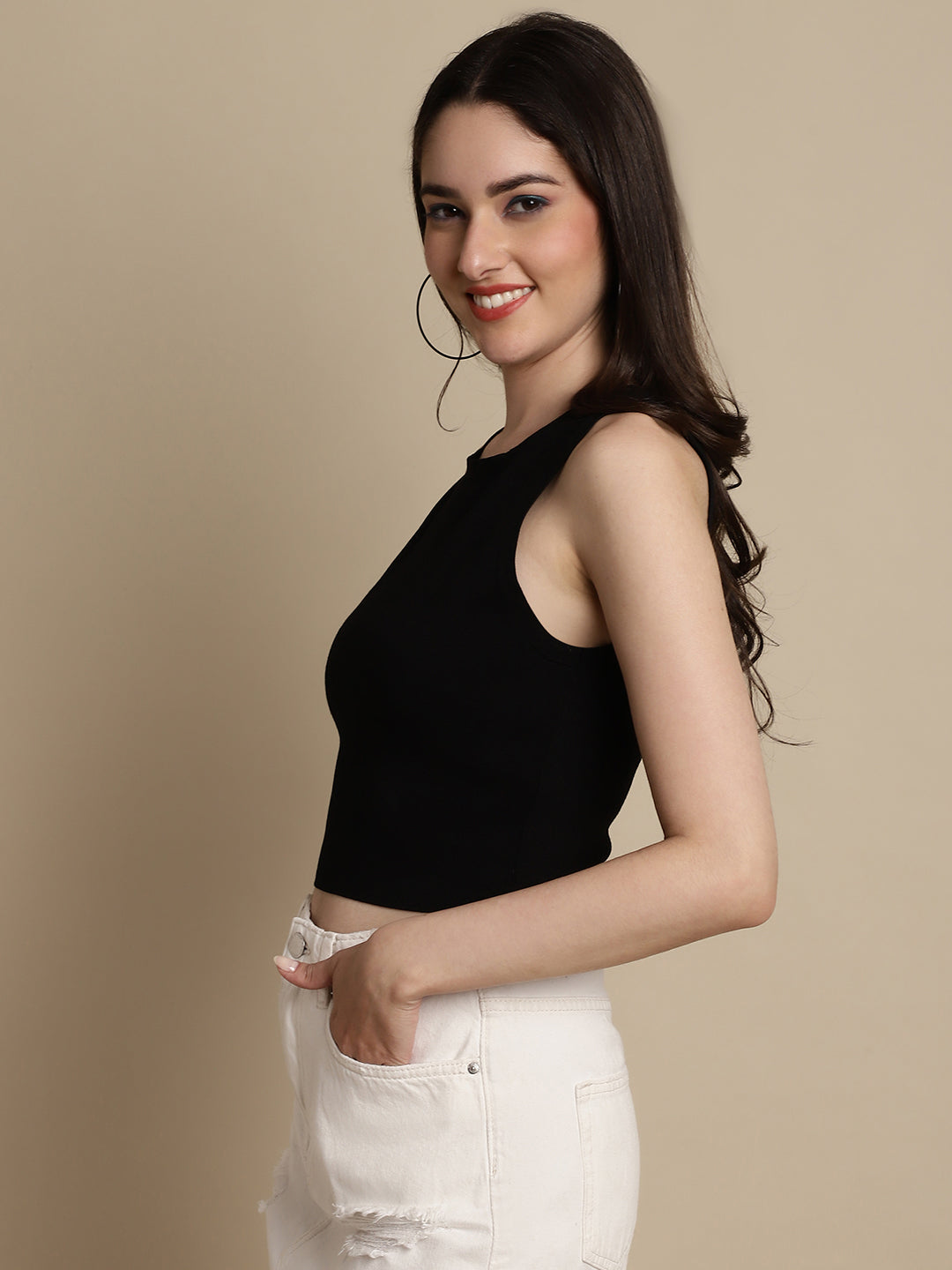 Fitted Viscose Round Neck Sleeveless Black Tank Top