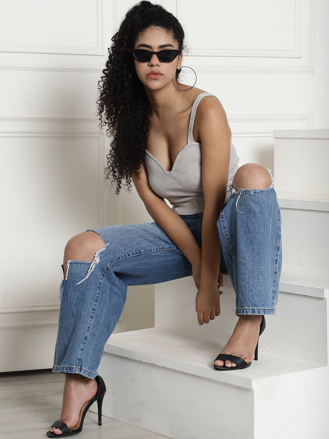 Sweetheart Neckline light Grey Strappy Crop Top
