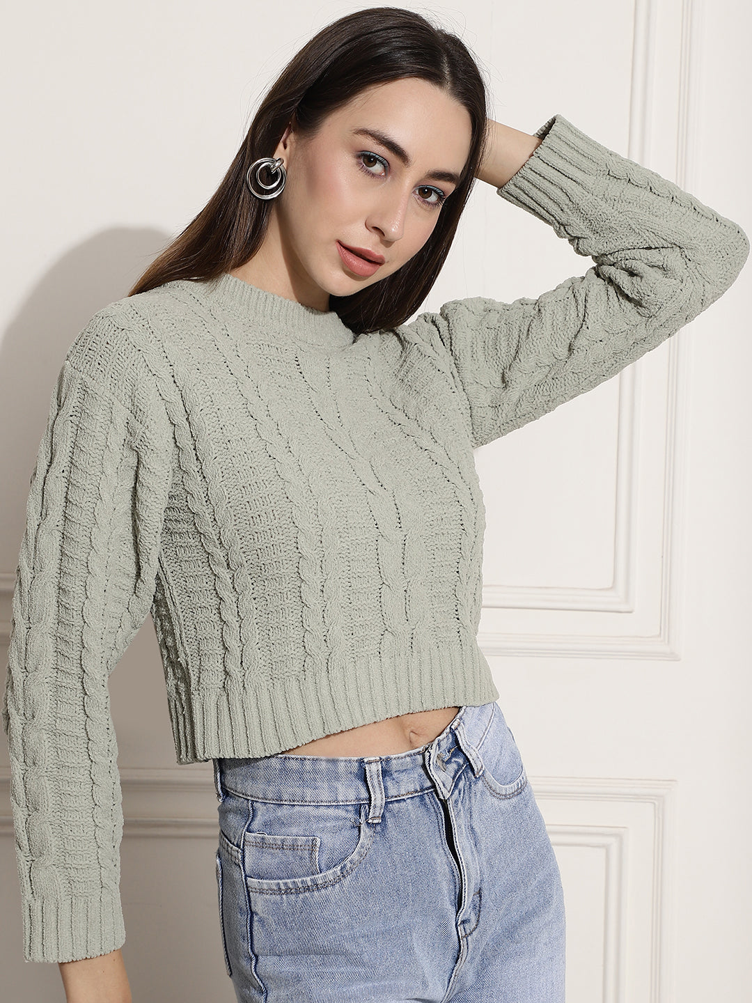 Acrylic Round-Neck Full Sleeve Light Green Sweater