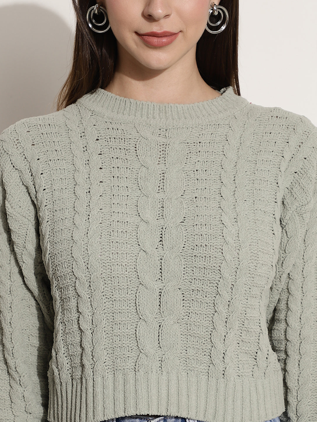 Acrylic Round-Neck Full Sleeve Light Green Sweater