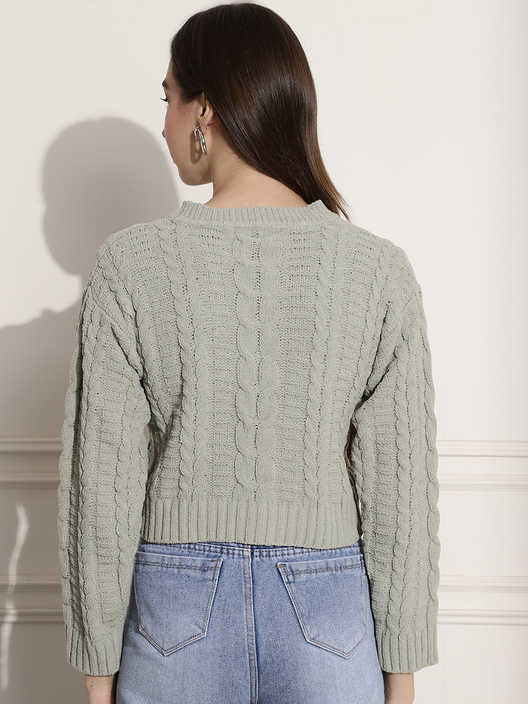 Acrylic Round-Neck Full Sleeve Light Green Sweater