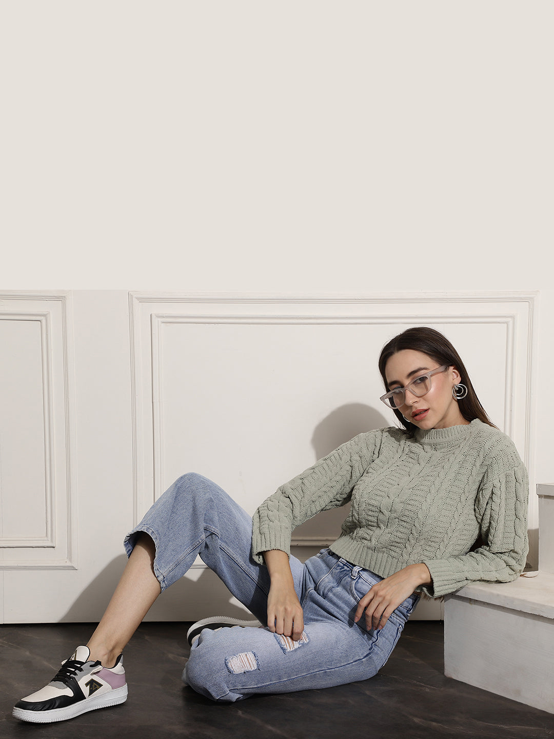 Acrylic Round-Neck Full Sleeve Light Green Sweater