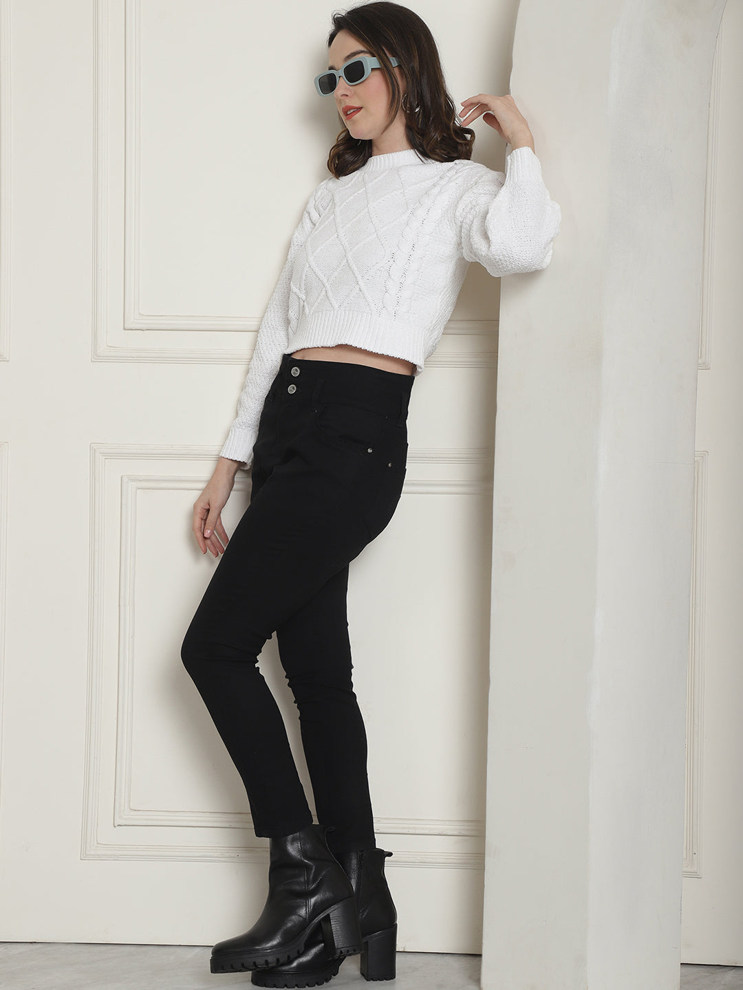 Viscose Round Neck Full Sleeve White Sweater