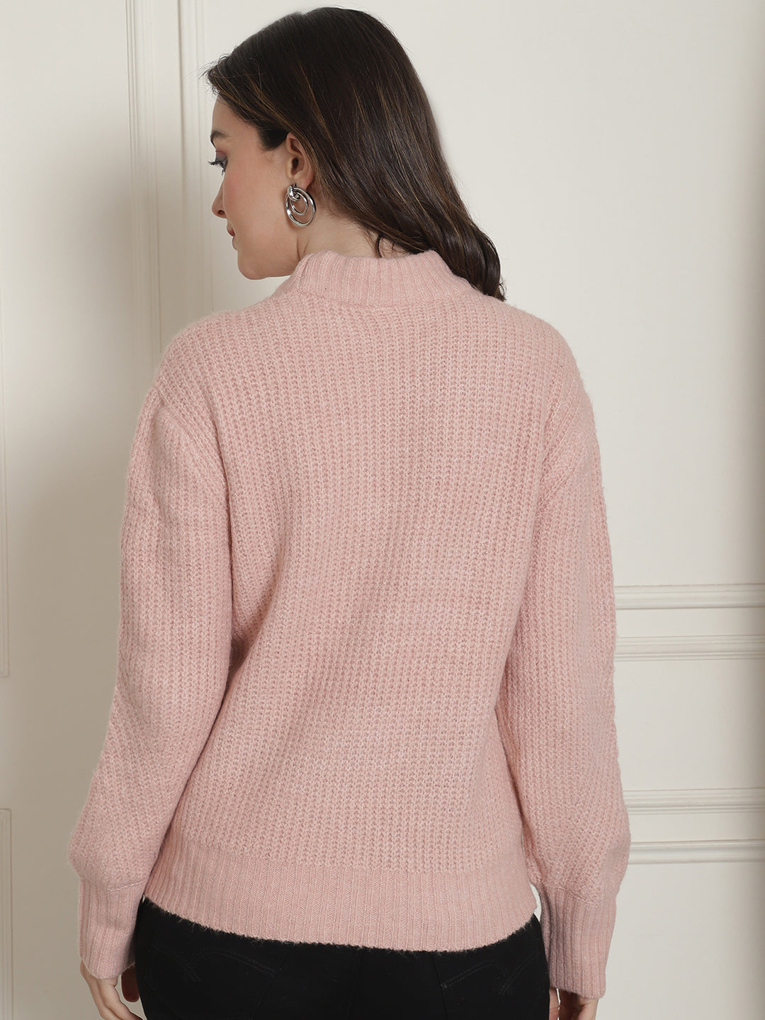 Acrylic Turtle Neck Full Sleeve Light Rose Sweater