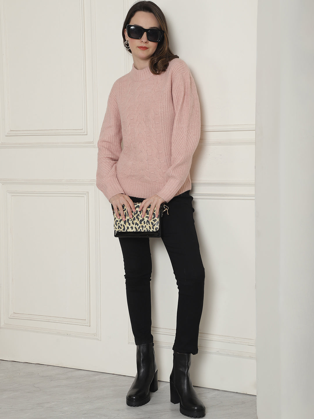 Acrylic Turtle Neck Full Sleeve Light Rose Sweater