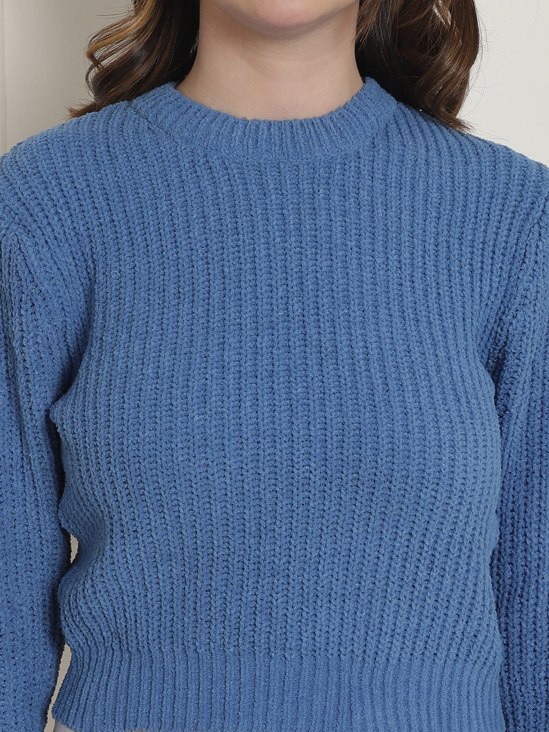 Viscose Round Neck Long Sleeve Blue Sweater