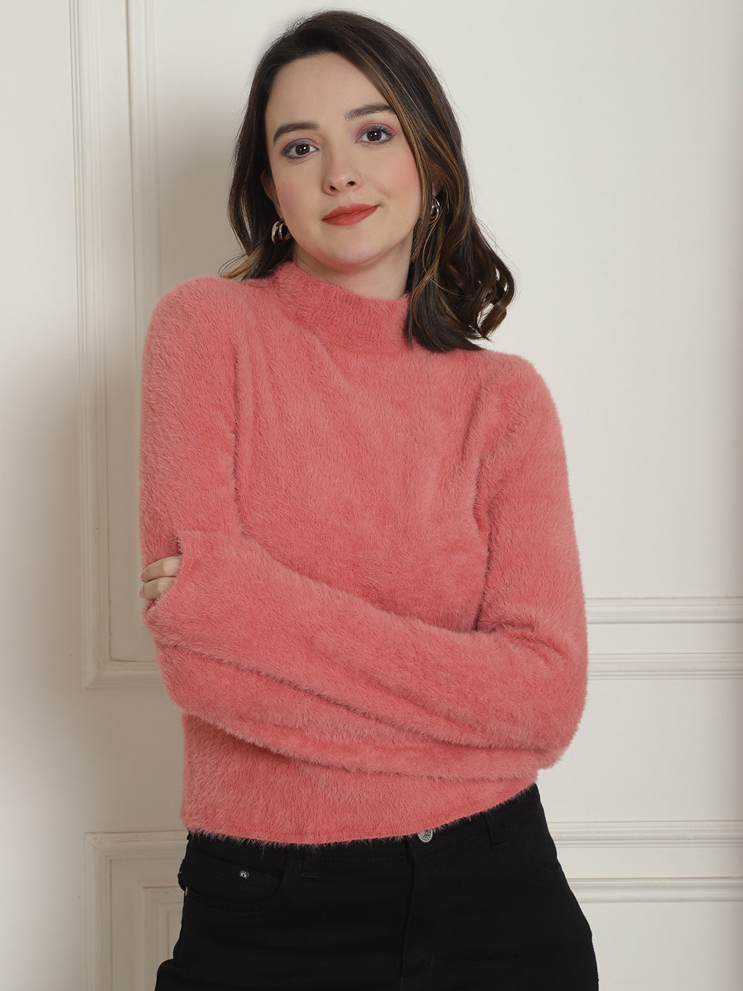 Polyamide Full Sleeve Fluffy Fuzzy Turtle Neck Peach Sweater