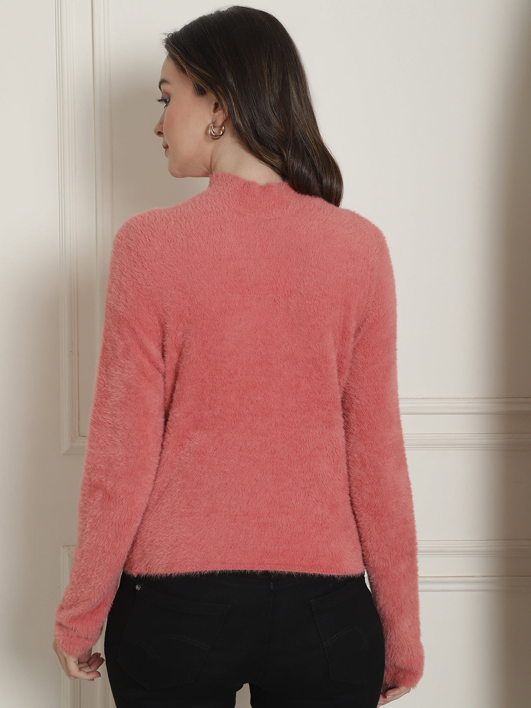 Polyamide Full Sleeve Fluffy Fuzzy Turtle Neck Peach Sweater