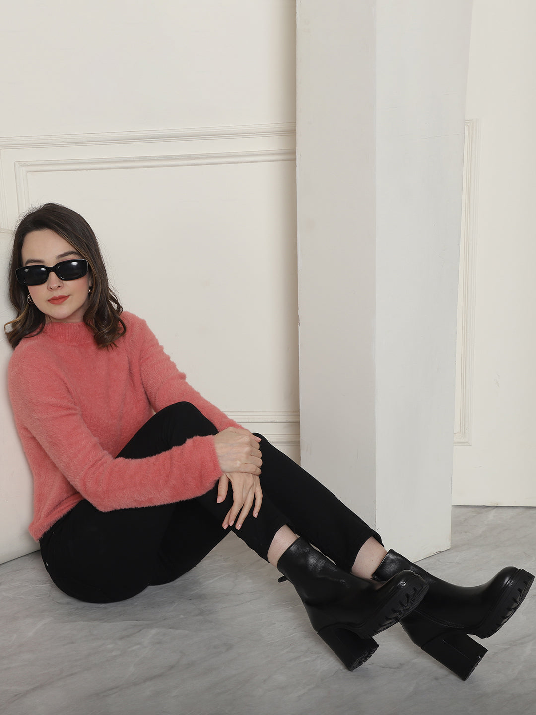 Polyamide Full Sleeve Fluffy Fuzzy Turtle Neck Peach Sweater